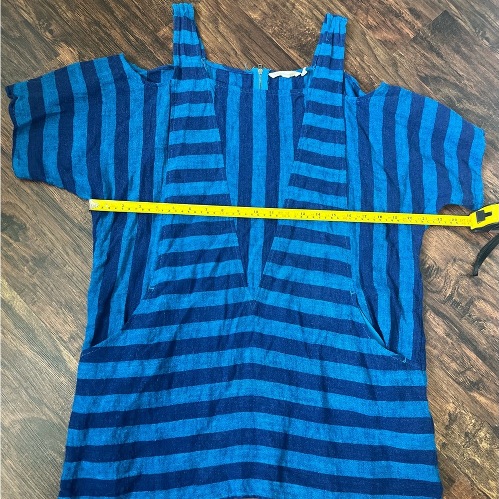 Soft Surroundings Linen Blend Blue Stripe Tunic Top Cold Shoulder Sz M Boho Chic - Picture 8 of 12